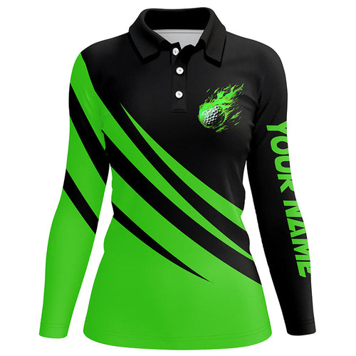 Black and green Women golf polo shirt custom flame golf ball fire ladies golf tops, golfing gifts NQS7399