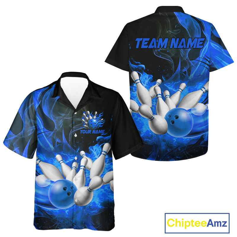 Black And Blue Flame Custom Hawaiian bowling shirt, Flame Bowling League Shirts Outfits NQS9808