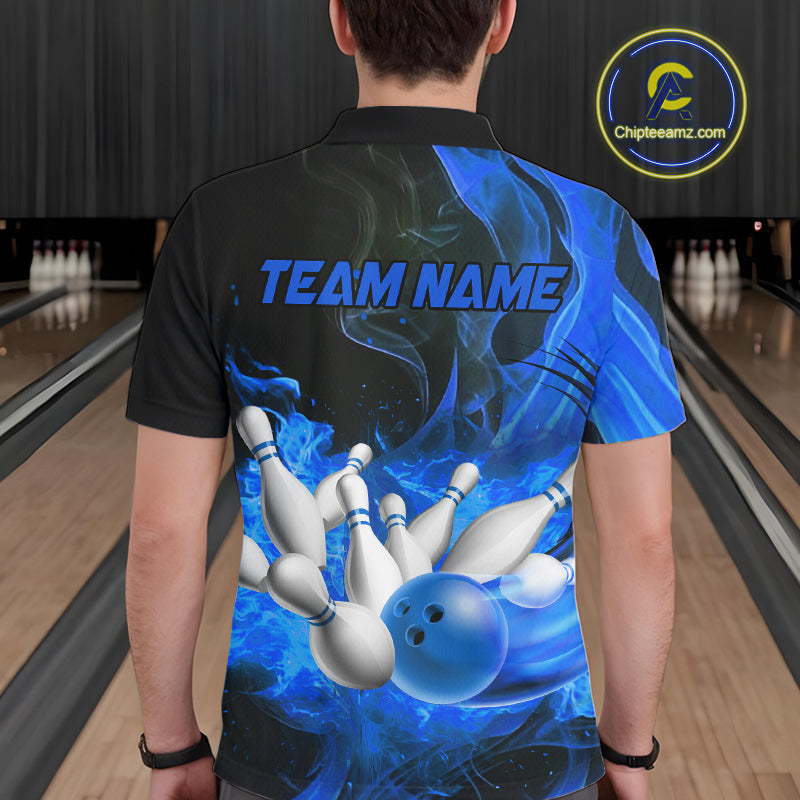 Black And Blue Flame Custom Bowling Shirts For Men, Flame Bowling League Shirts Outfits NQS9808