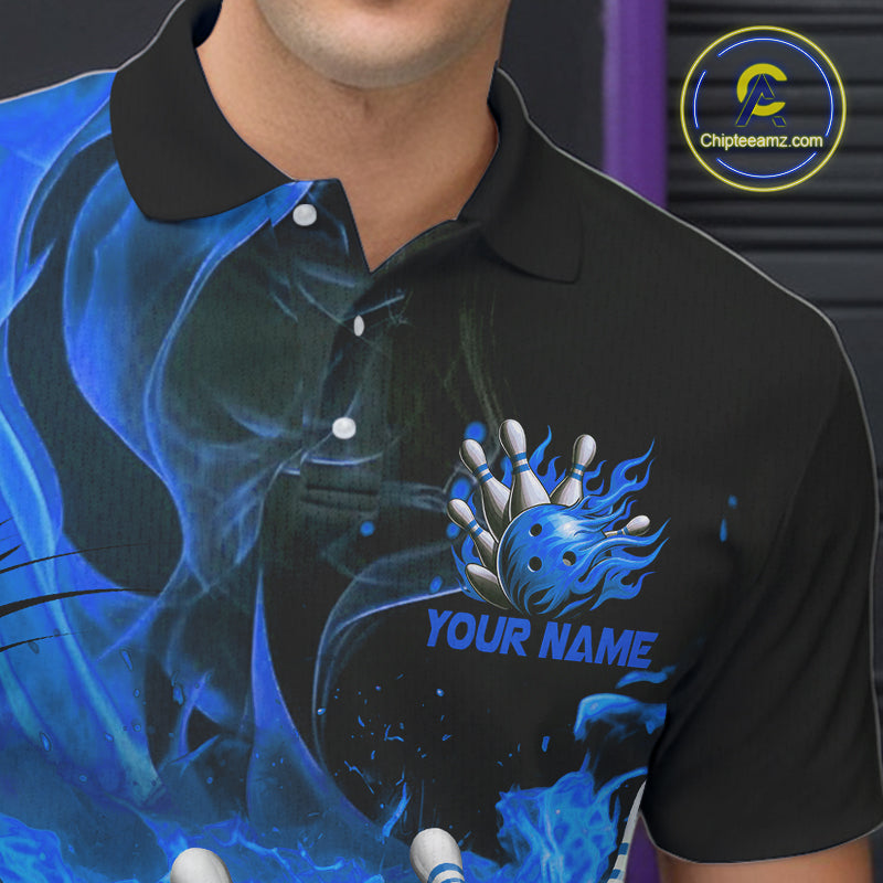 Black And Blue Flame Custom Bowling Shirts For Men, Flame Bowling League Shirts Outfits NQS9808