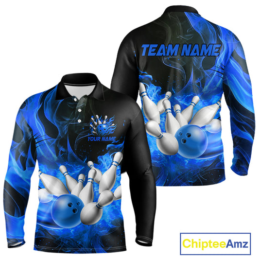 Black And Blue Flame Custom Bowling Shirts For Men, Flame Bowling League Shirts Outfits NQS9808