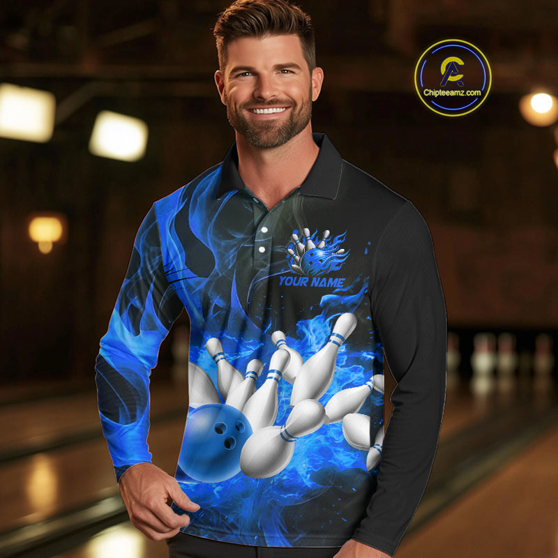 Black And Blue Flame Custom Bowling Shirts For Men, Flame Bowling League Shirts Outfits NQS9808
