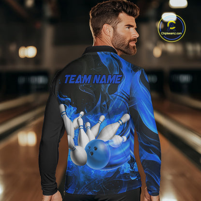 Black And Blue Flame Custom Bowling Shirts For Men, Flame Bowling League Shirts Outfits NQS9808