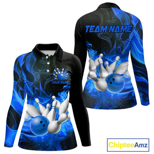 Black And Blue Flame Custom Bowling Shirts For Women, Flame Bowling League Shirts Outfits NQS9808