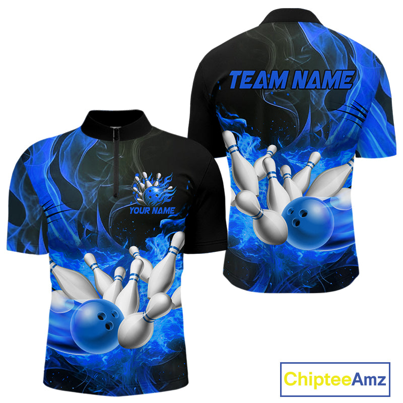 Black And Blue Flame Custom Bowling Shirts For Men, Flame Bowling League Shirts Outfits NQS9808