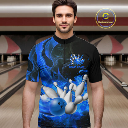 Black And Blue Flame Custom Bowling Shirts For Men, Flame Bowling League Shirts Outfits NQS9808