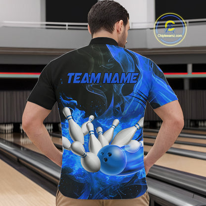 Black And Blue Flame Custom Bowling Shirts For Men, Flame Bowling League Shirts Outfits NQS9808
