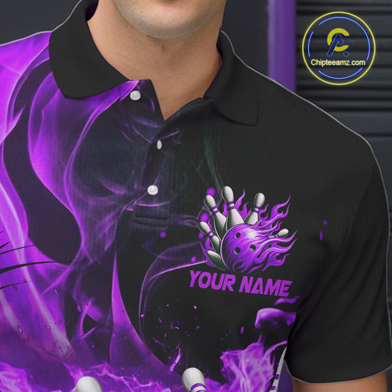 Black And Purple Flame Custom Bowling Shirts For Men, Flame Bowling League Shirts Outfits NQS9809