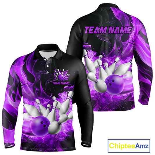 Black And Purple Flame Custom Bowling Shirts For Men, Flame Bowling League Shirts Outfits NQS9809
