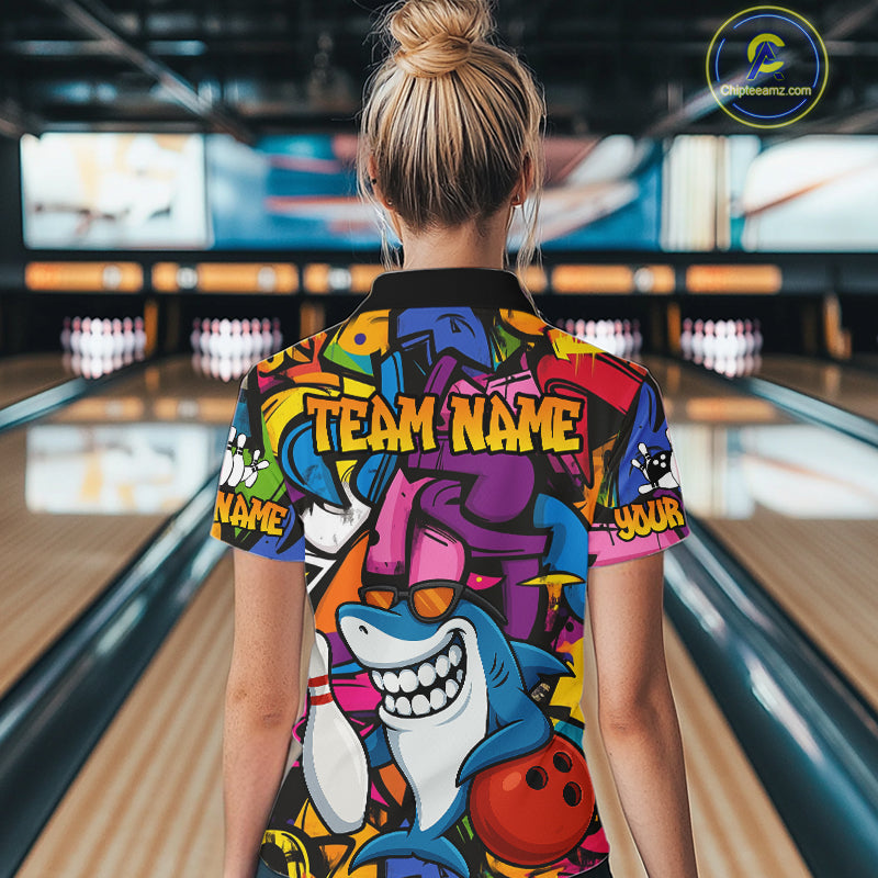 Funny Shark Bowling Shirts For Women Custom Colorful Shark Bowling outfit, Team Bowling Jersey NQS9815