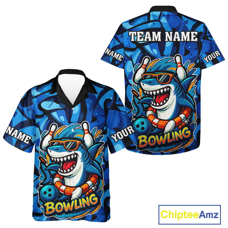 Funny Blue Camo Shark Hawaiian bowling shirt Custom Team Shark Bowling Outfit Bowling Button Up Shirt NQS9816