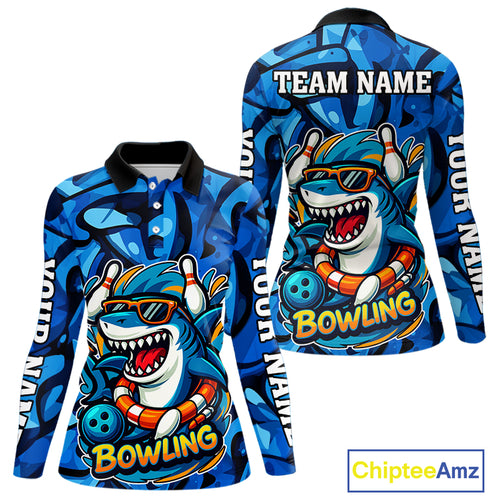 Funny Blue Camo Shark Women Bowling Polo, Quarter Zip Shirts Custom Team Shark Bowling Outfit Jersey NQS9816