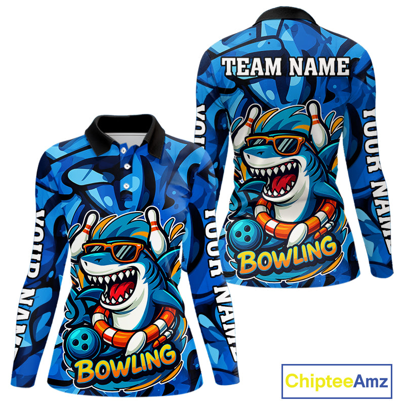 Funny Blue Camo Shark Women Bowling Polo, Quarter Zip Shirts Custom Team Shark Bowling Outfit Jersey NQS9816