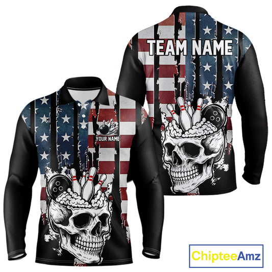 Vintage American Flag retro skull bowling shirts for Men Custom patriotic Bowling Team Outfit NQS10048