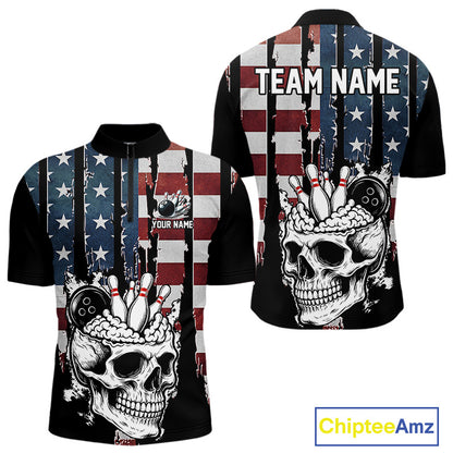 Vintage American Flag retro skull bowling shirts for Men Custom patriotic Bowling Team Outfit NQS10048