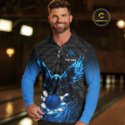 Mens bowling shirts Custom blue lightning thunder Eagle Bowling Team Jersey, gift for team Bowlers NQS10049