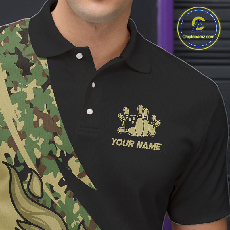 Mens bowling polo, quarter zip shirts Custom green camo bowling team jerseys, gift for team Bowlers NQS10053