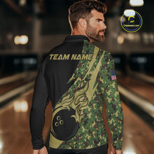 Load image into Gallery viewer, Mens bowling polo, quarter zip shirts Custom green camo bowling team jerseys, gift for team Bowlers NQS10053