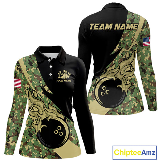 Women bowling polo, quarter zip shirts Custom green camo bowling team jerseys, gift for team Bowlers NQS10053