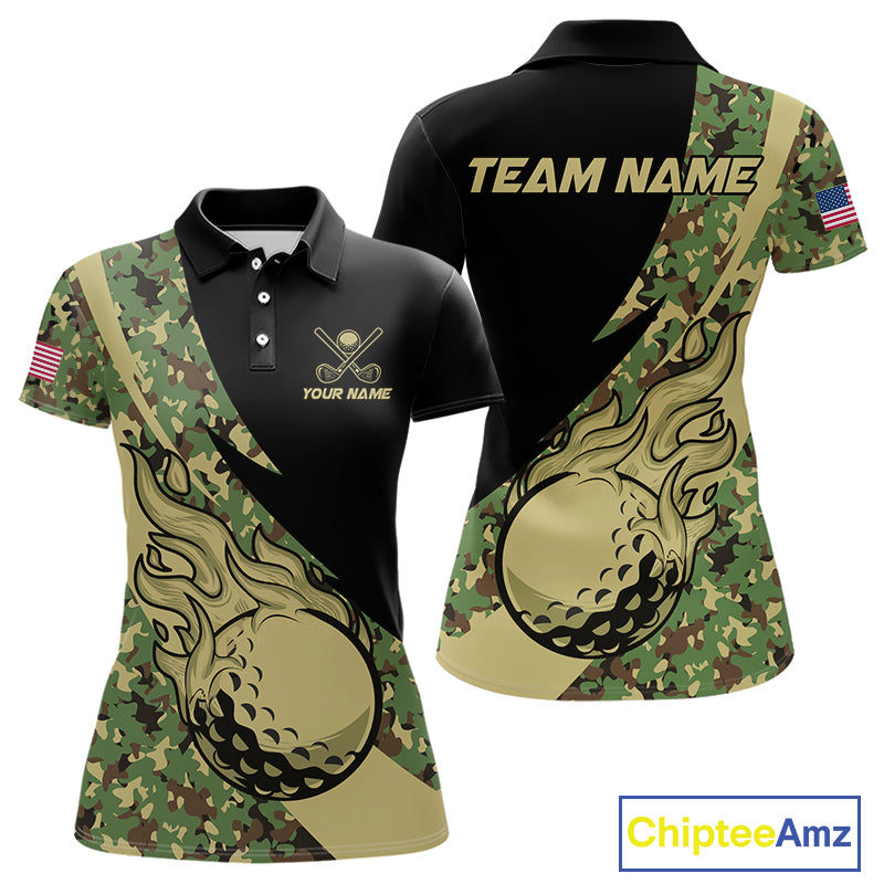 Women Golf polo shirt flame golf ball Custom green camo ladies Golf attire, personalized golf gifts NQS10052