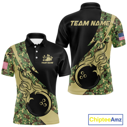 Mens bowling polo, quarter zip shirts Custom green camo bowling team jerseys, gift for team Bowlers NQS10053