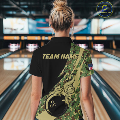 Women bowling polo, quarter zip shirts Custom green camo bowling team jerseys, gift for team Bowlers NQS10053