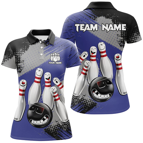 Blue Retro Bowling Shirt For Women Custom Funny Bowling Jersey Team League Bowling Polo, 1/4 Zip Shirt NQS8398