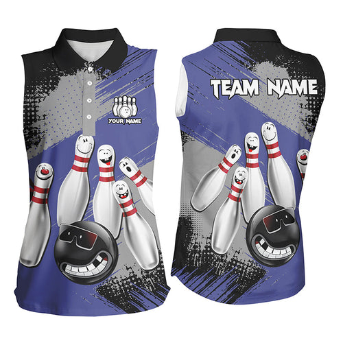 Blue Retro Bowling Shirt For Women Custom Funny Bowling Jersey Team League Bowling sleeveless polo NQS8398