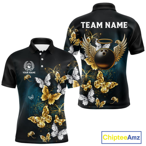 Custom Gold Butterflies Bowling Shirts For Men, Personalized Team Bowling Polo & Quarter-Zip Shirts NQS10577