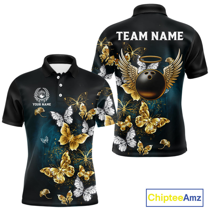 Custom Gold Butterflies Bowling Shirts For Men, Personalized Team Bowling Polo & Quarter-Zip Shirts NQS10577