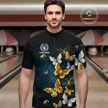 Custom Gold Butterflies Bowling Shirts For Men, Personalized Team Bowling Polo & Quarter-Zip Shirts NQS10577