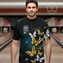 Load image into Gallery viewer, Custom Gold Butterflies Bowling Shirts For Men, Personalized Team Bowling Polo &amp; Quarter-Zip Shirts NQS10577