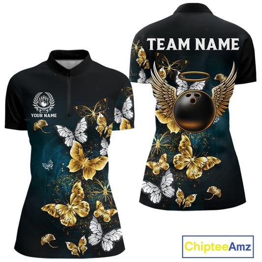Custom Gold Butterflies Bowling Shirts For Women, Personalized Team Bowling Polo & Quarter-Zip Shirts NQS10577