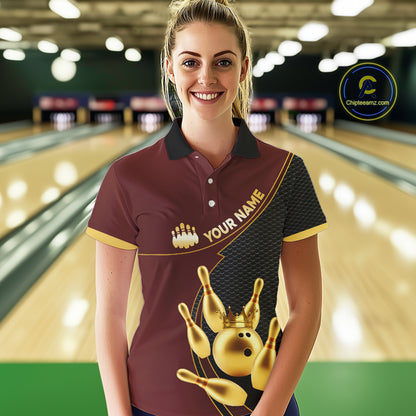 Red and Gold Bowling shirts for Women Custom Team Bowling Polo, 1/4 zip Shirt bowlers Outfit NQS10973