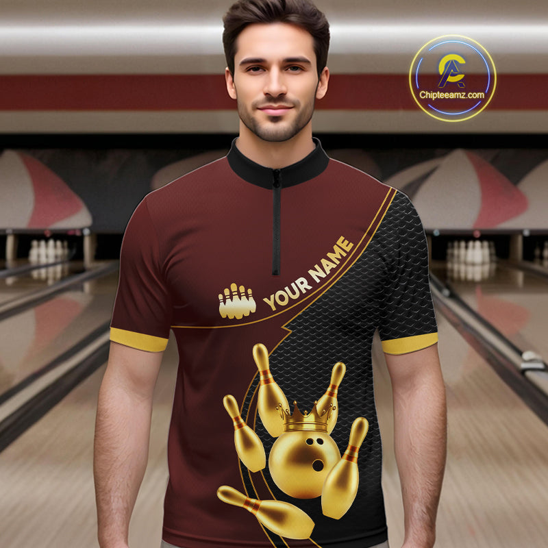 Red and Gold Bowling shirts for men Custom Team Bowling Polo, 1/4 zip Shirt bowlers Outfit NQS10973