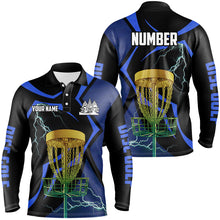Load image into Gallery viewer, Black and Blue Men disc golf polo shirt custom lightning thunder disc golf basket, disc golf gifts NQS9088