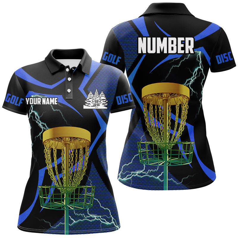 Black and Blue Women disc golf polo shirt custom lightning thunder disc golf basket, disc golf gift NQS9088