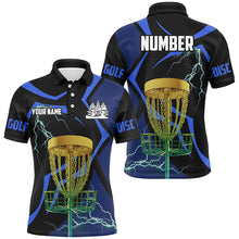 Load image into Gallery viewer, Black and Blue Men disc golf polo shirt custom lightning thunder disc golf basket, disc golf gifts NQS9088
