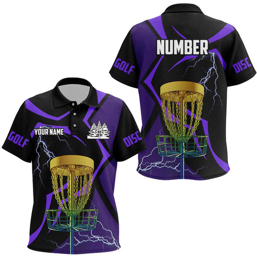 Black & Purple Kid disc golf polos shirt custom lightning thunder disc golf basket, disc golf gift NQS9089