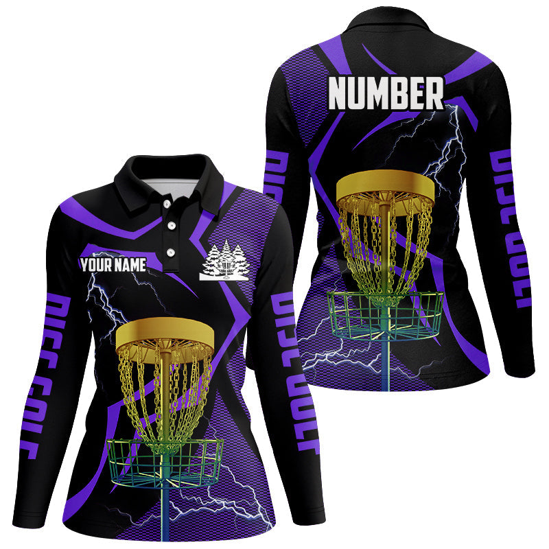 Black & Purple Women disc golf polo shirt custom lightning thunder disc golf basket, disc golf gift NQS9089