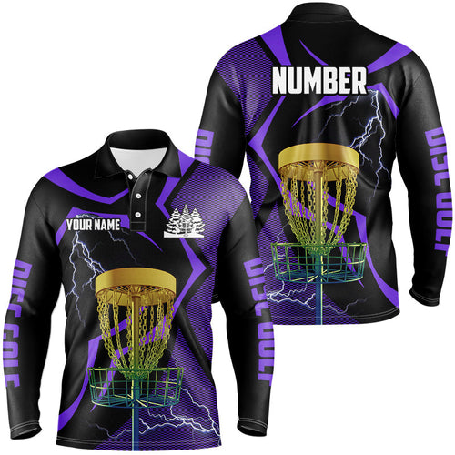 Black & Purple Men disc golf polo shirt custom lightning thunder disc golf basket, disc golf gifts NQS9089