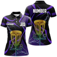 Load image into Gallery viewer, Black &amp; Purple Women disc golf polo shirt custom lightning thunder disc golf basket, disc golf gift NQS9089