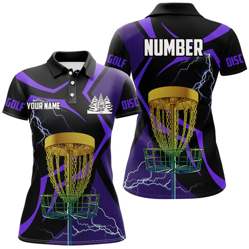 Black & Purple Women disc golf polo shirt custom lightning thunder disc golf basket, disc golf gift NQS9089