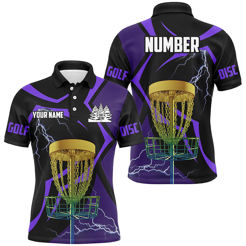 Black & Purple Men disc golf polo shirt custom lightning thunder disc golf basket, disc golf gifts NQS9089