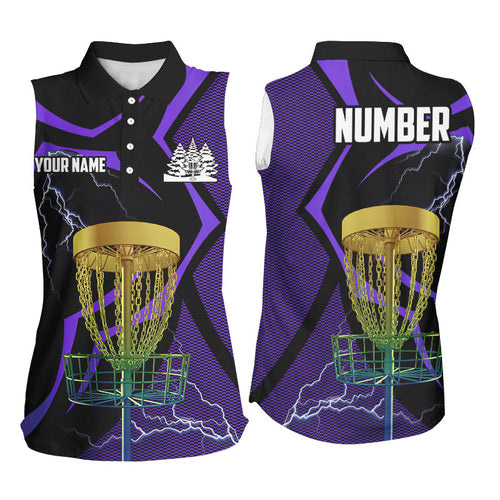 Black & Purple Women sleeveless polo shirt custom lightning thunder disc golf basket, disc golf gift NQS9089