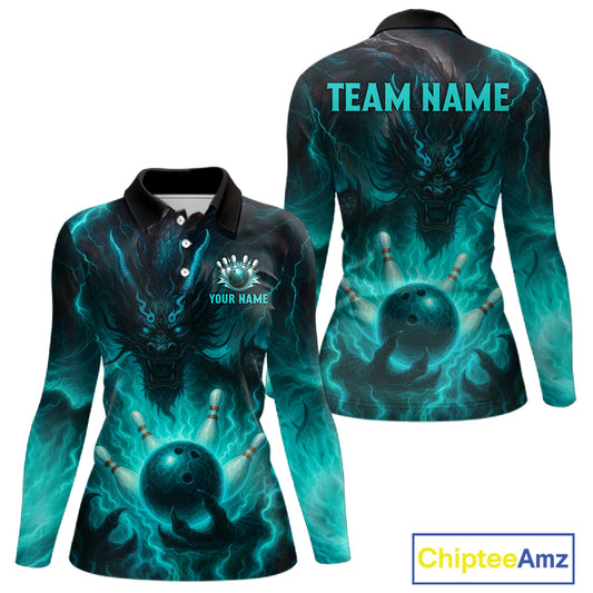 Personalized Black and Turquoise Flame Lightning Dragon Bowling Shirts For Women, Team Bowling Jersey NQS11168
