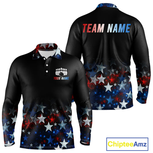 Personalized Red, White and Blue Stars Pattern Bowling Team Shirts For Men Patriotic Bowling Gifts NQS11169