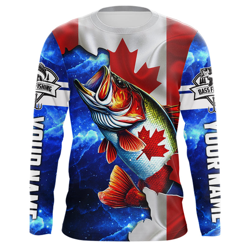 Bass Fishing Canadian Flag patriotic UV protection Custom name long sleeves shirt NQS9309