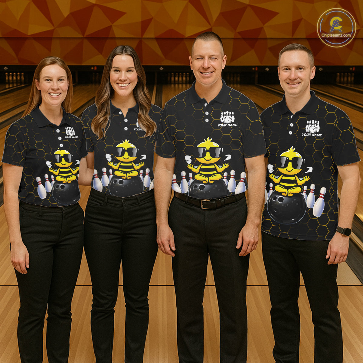 Black and Gold Funny Bee Bowling Shirts for Women Custom Team Bowling Jerseys, Gift For Bowlers NQS11582