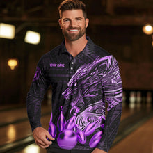 Load image into Gallery viewer, Black and Purple Dragon Tribal Bowling Polo, 1/4 Zip Shirts For Men Custom Retro Bowling Team Jerseys NQS9630